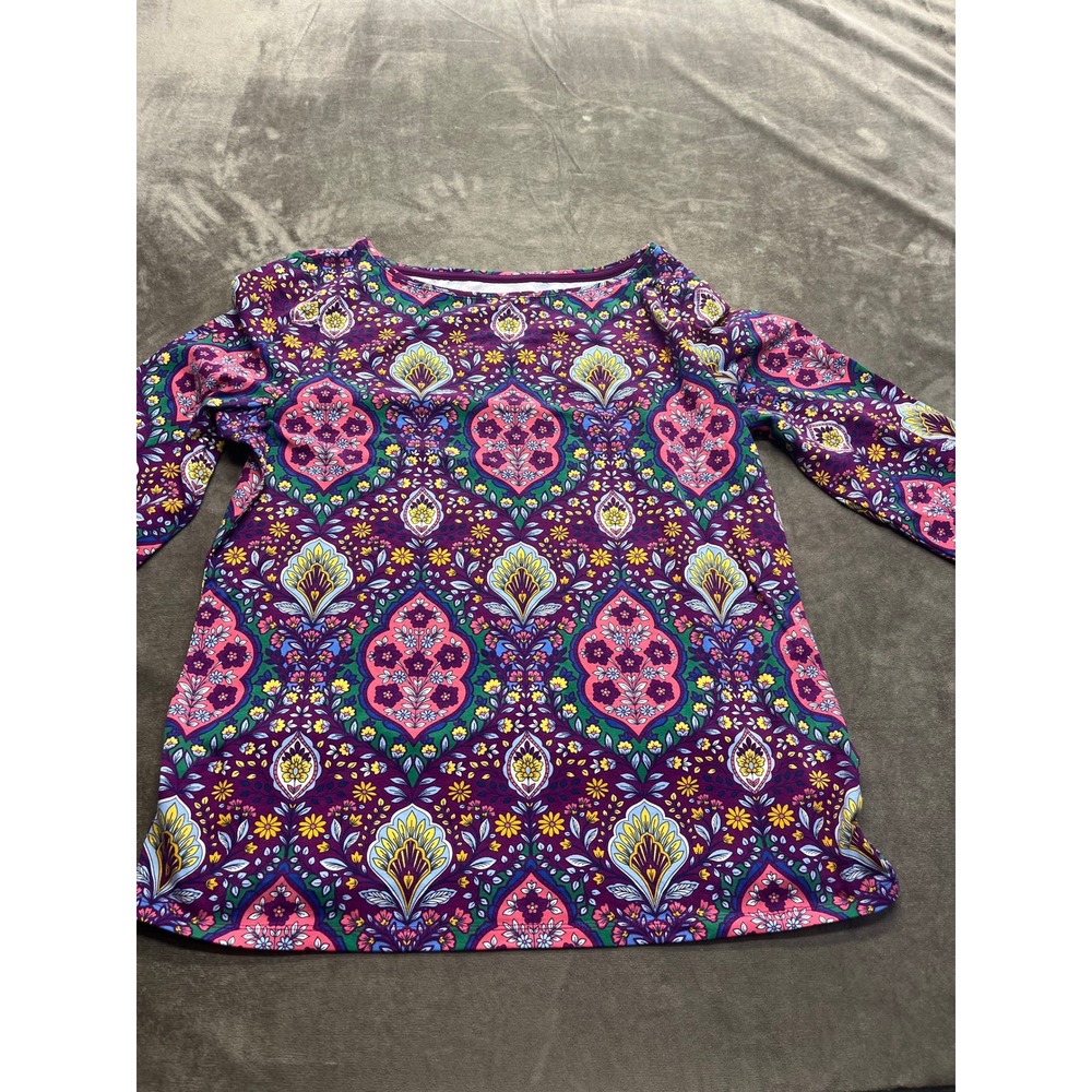 Talbots Purple Paisley Floral Medallion Print Boat Neck Long Sleeve Tee Large